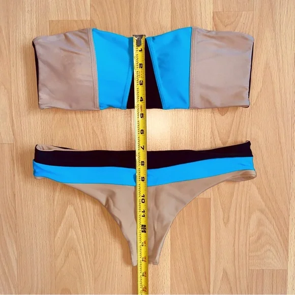 Black blue beige sprinted striped bikini swim set strapless bandeau, low rise S - Picture 10 of 10